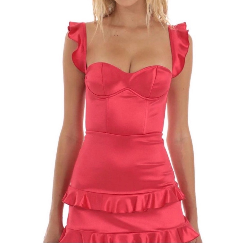 Red Satin Ruffle Mini Dress - Picture 3 of 3